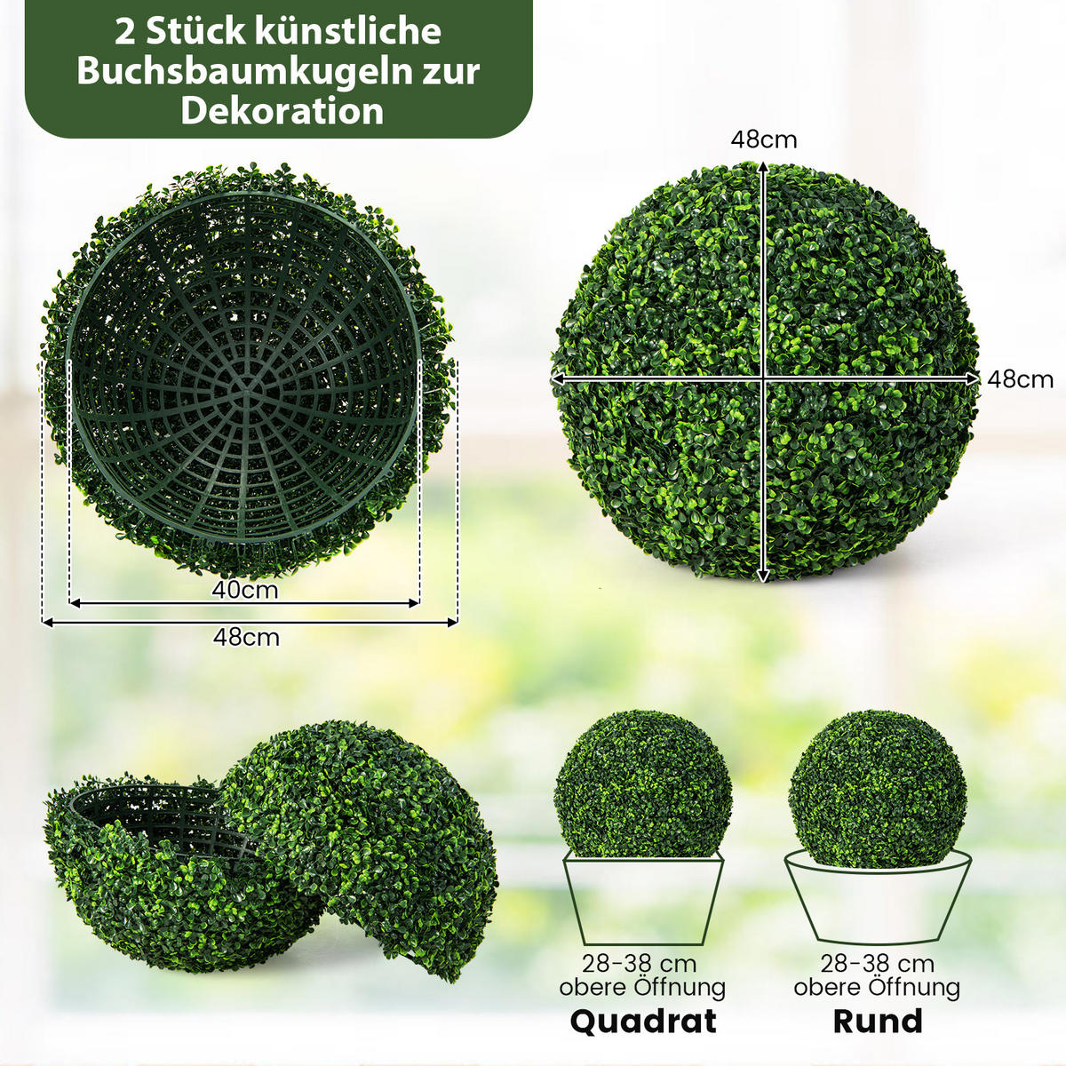 BUCHSBAUMKUGEL UV-beständig Grün(2er-Set) - Grün, Kunststoff (48cm) - COSTWAY