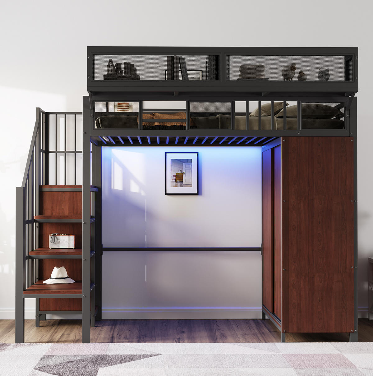 HOCHBETT aus Metall und Holz 90x200 cm Schwarz mit Kleiderschrank, Stauraumleiter und LED-Beleuchtung - Schwarz, Metall (90/200cm) - IVMEU