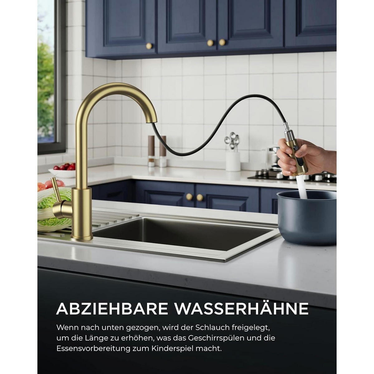 KÜCHENARMATUR mit ausziehbarer Brause, 360° schwenkbar, gold - Goldfarben, Metall (5/42.5/25cm)