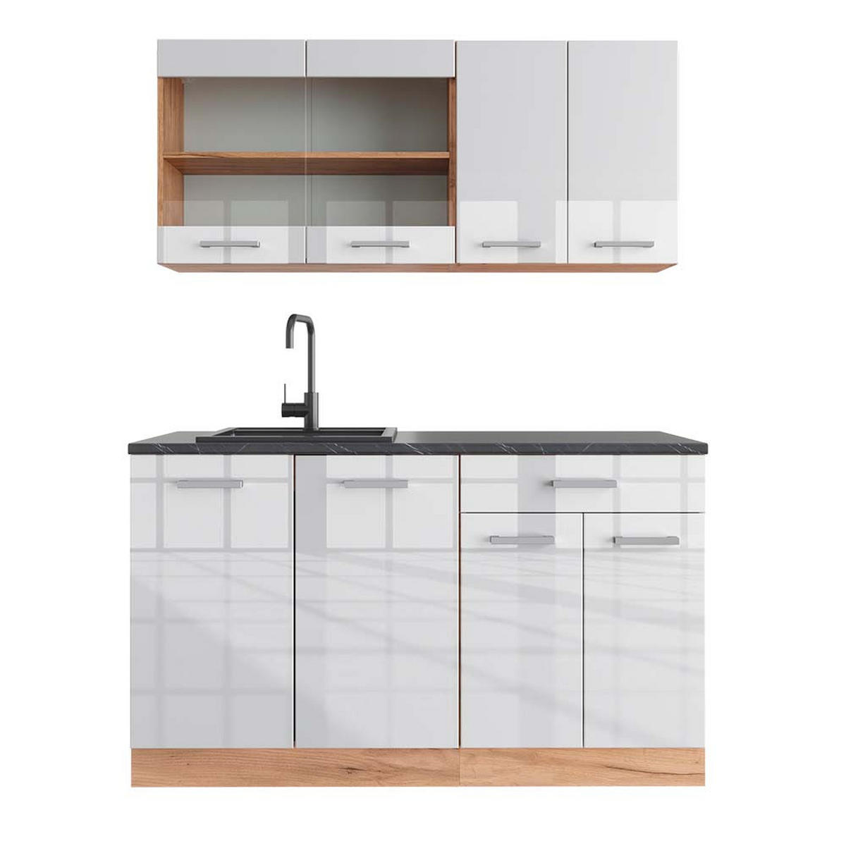 SINGLEKÜCHE R-Line Weiß Hochglanz/Goldkraft Eiche 140 cm, AP Anthrazit - Honigeiche/Weiß Hochglanz, Holzwerkstoff (140/81.6/60cm) - Vicco