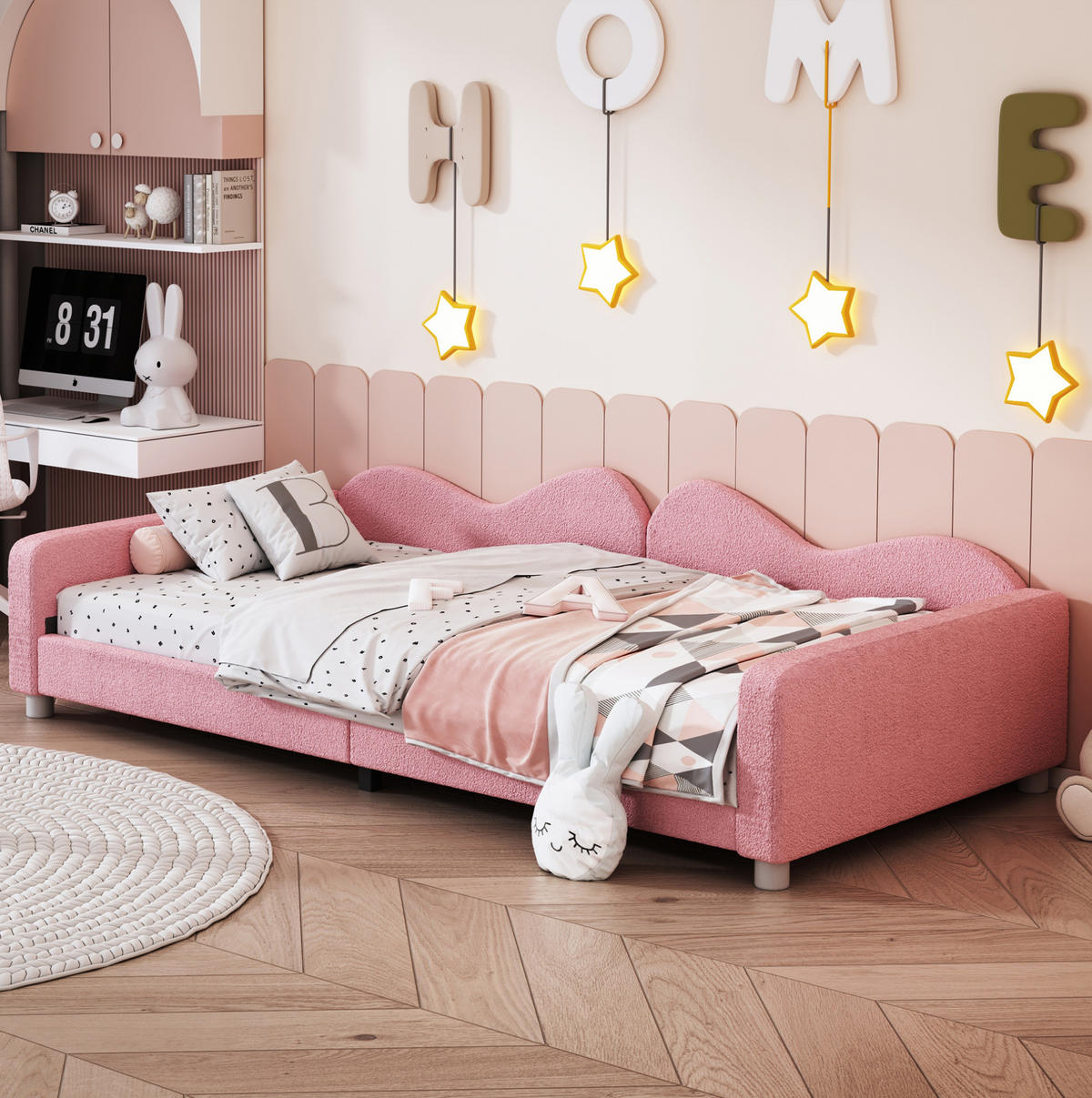 KINDERBETT 90/200 cm Rosa aus Teddystoff mit Rückenlehne und Armlehnen - Rosa, Textil (90/200cm) - Flora Grace
