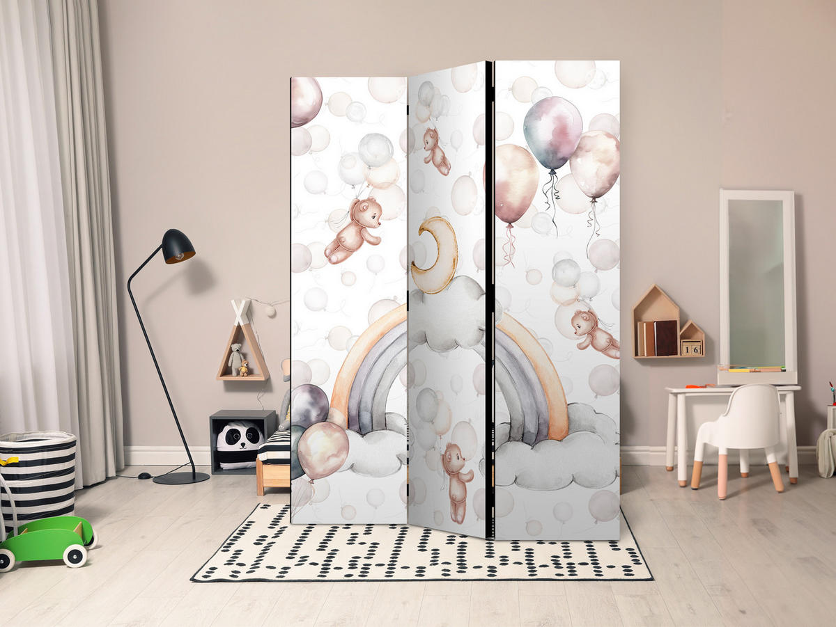 PARAVENT Akustik 3-tlg 135x172 cm Teddyb ren Regenbogen Ballons - Multicolor, Holz/Textil (135/172/3cm) - Muralo