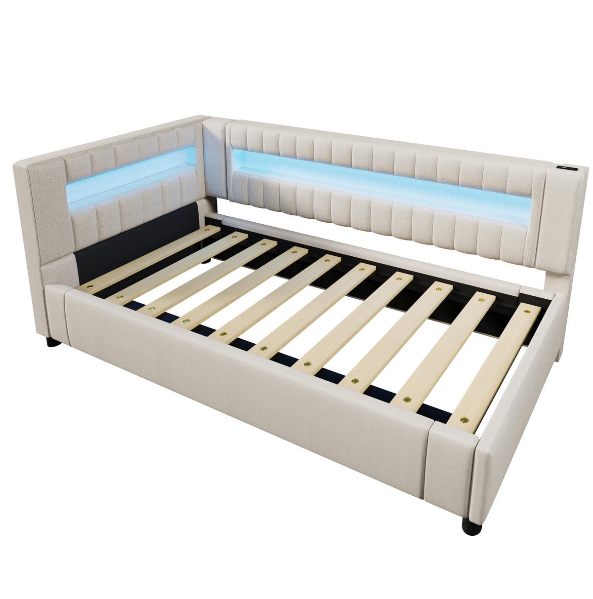 POLSTERBETT aus Leinen 90x200 cm in Beige mit LED & hydraulischem Stauraum - Beige, Textil (90/200cm) - Modfu