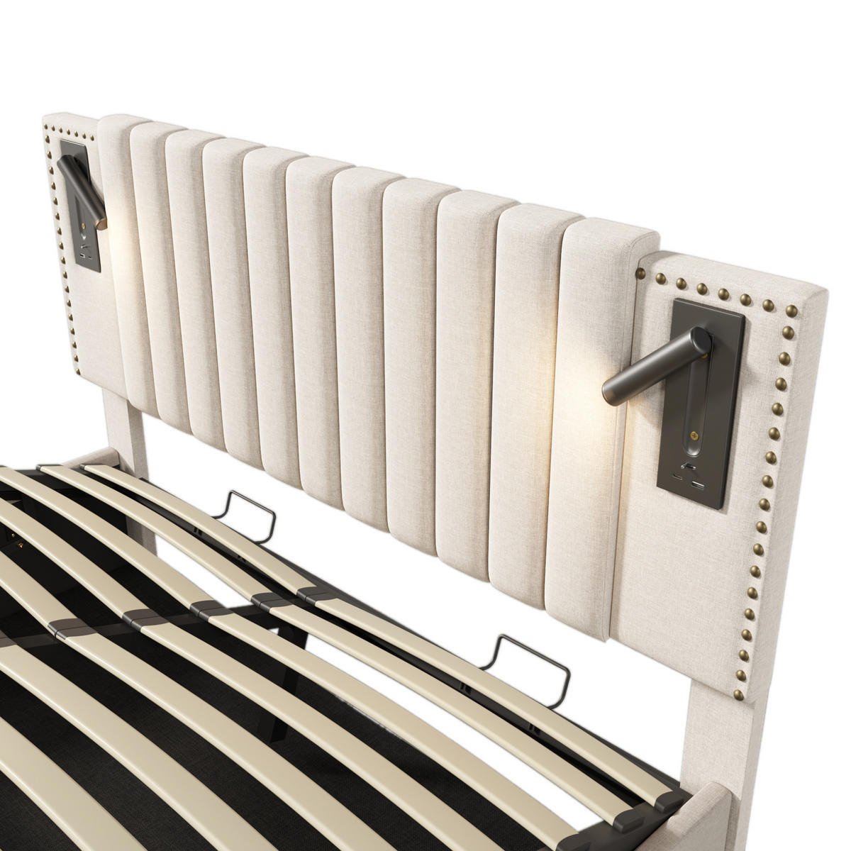 POLSTERBETT mit Bettkasten 180/200 cm in Beige mit Leselicht und USB-C - Beige, Textil (180/200cm) - BEAOK