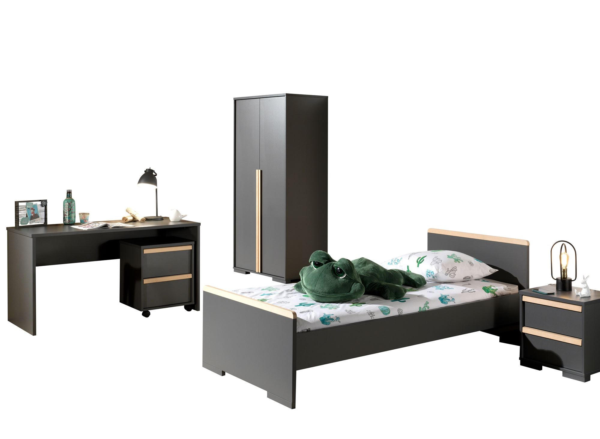 KINDERZIMMER komplett Set 5-tlg. Kariotta 8 Anthrazit Griffe Massivholz - Anthrazit, Holzwerkstoff (540/1/302cm) - 58aufmkessel