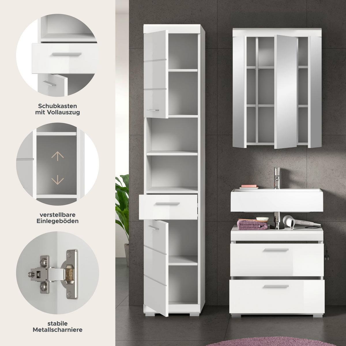 BADKOMBINATION 3tlg. Scout Bad in weiß Nachbildung und weiß hochglanz B/H/T: 112x191x34 cm - Weiß, Holz (112/191/37cm)