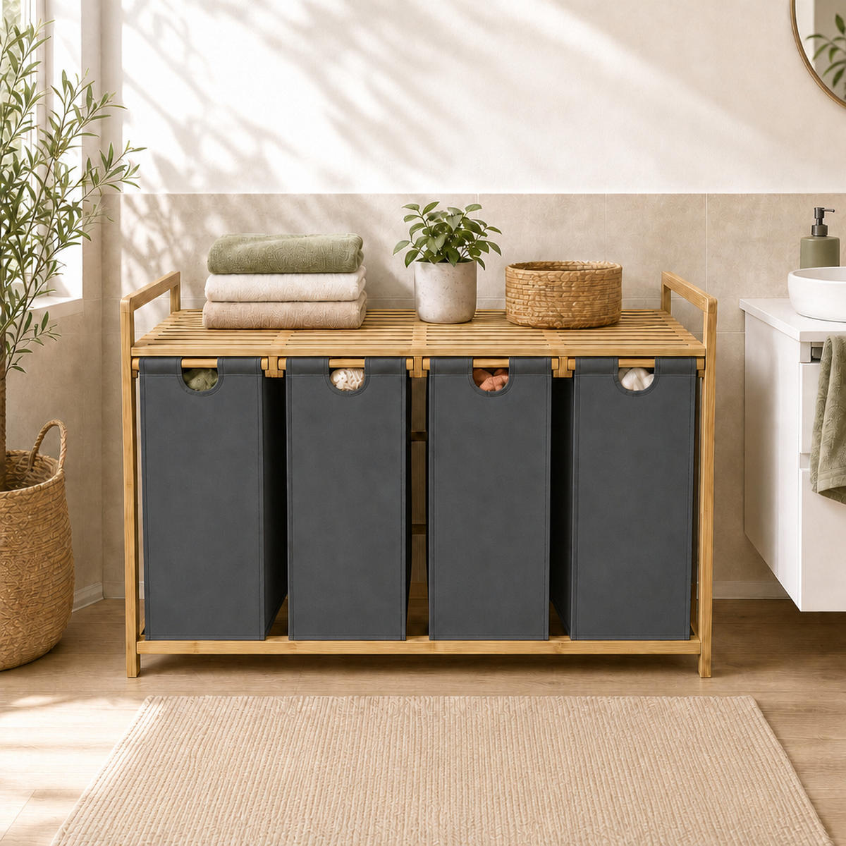 WÄSCHESAMMLER Natur-Grau 4er-Set 1-Ablage Bambus - Multicolor, Holz/Textil (103/77/41.5cm) - Relaxdays