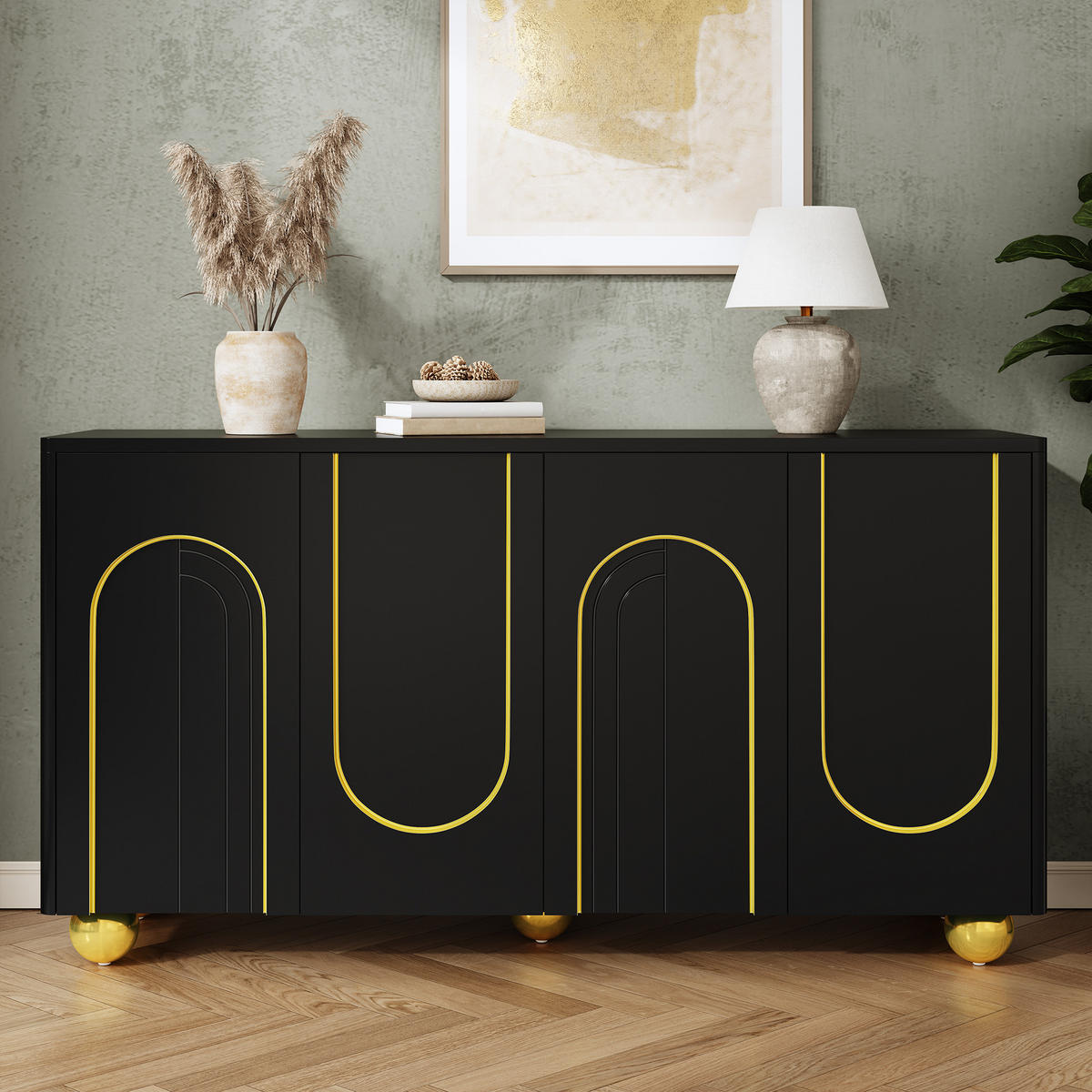 SIDEBOARD 4 Türen Goldlinien Design Kugelfüße Modern Schrank - Schwarz, Holzwerkstoff (140/74/40cm) - FLIEKS