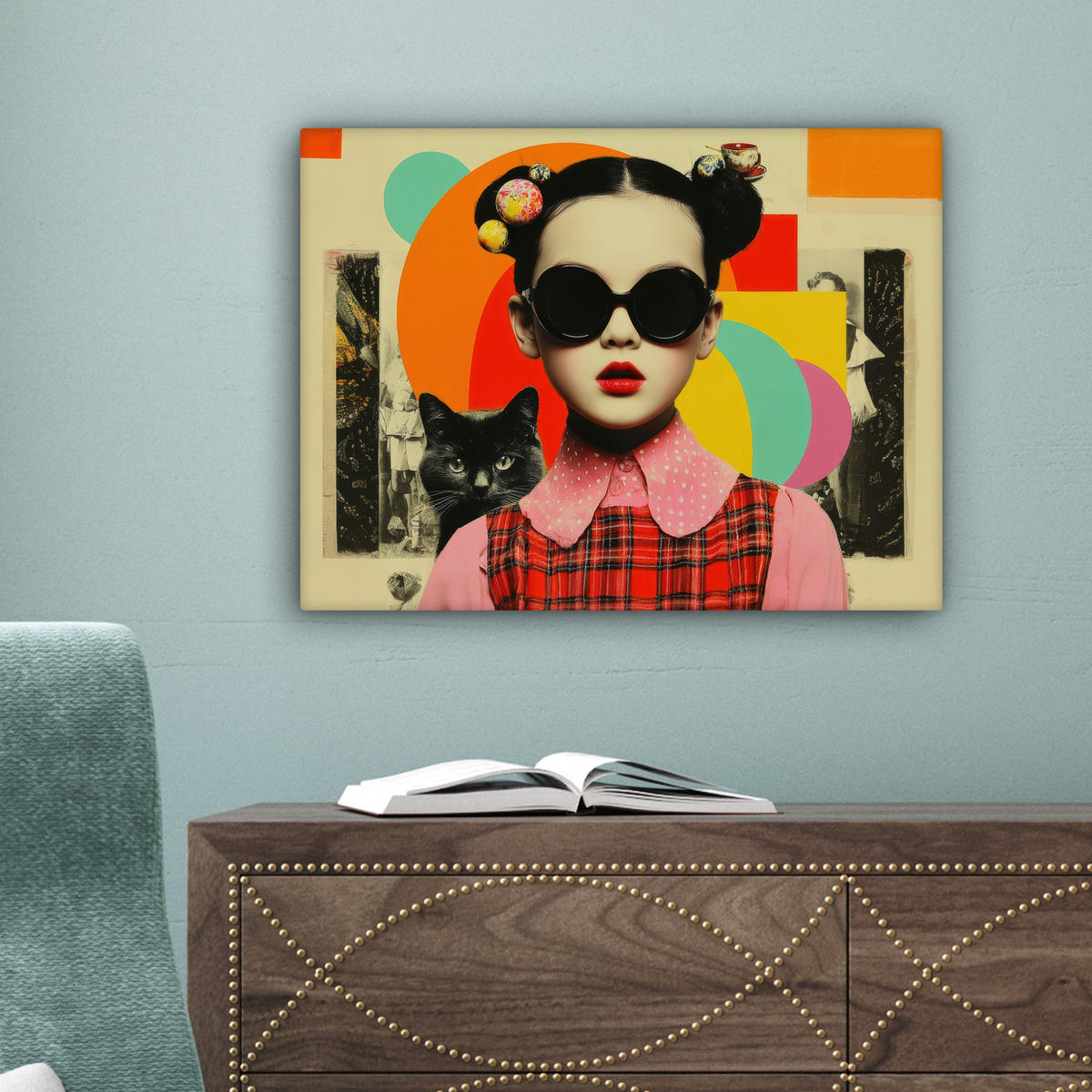 LEINWANDBILD Mädchen - Sonnenbrille - Katze - Retro Wandbild 40x30 cm - Beige, Textil (40/30cm) - MuchoWow