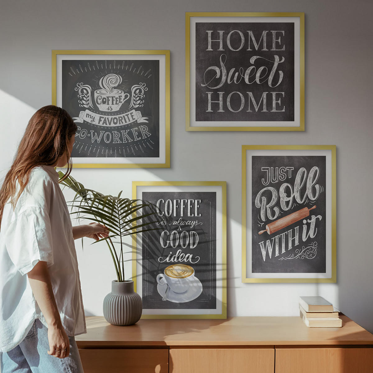 BILDER SET 4er Set - 50x50 cm & 40x60 cm Goldrahmen - Kaffeeroller, heimelige Wärme - Goldfarben, Kunststoff (50/50cm) - TULUP