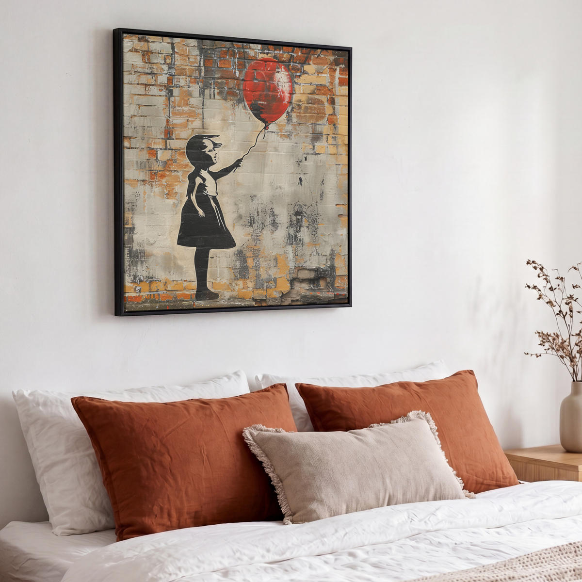 LEINWAND Bilder mit Rahmen - Graffiti - Banksy - Mädchen - Straßenkunst - 50x50 - Sandfarben, Textil (50/50cm) - MuchoWow