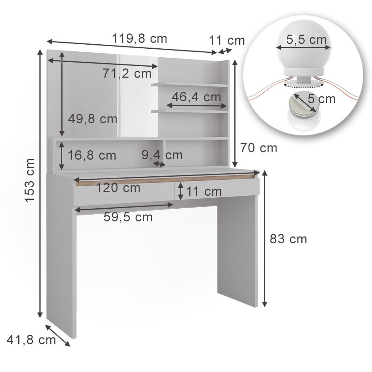 SCHMINKTISCH Emma Weiß 120 cm mit Spiegelregal und LED-Beleuchtung - Weiß, Holzwerkstoff (120/83/41.8cm) - Vicco