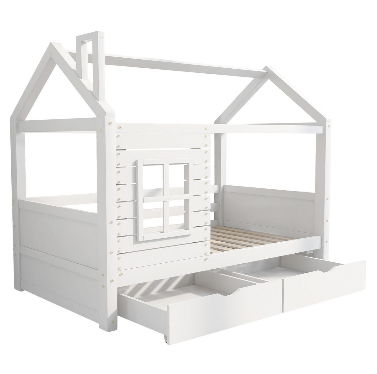 KINDERBETT 90/200 cm mit Rausfallschutz, Fensterdesign, Lattenrost und 2 Bettkästen, Weiß - Weiß, Holzwerkstoff (90/200cm) - Redom
