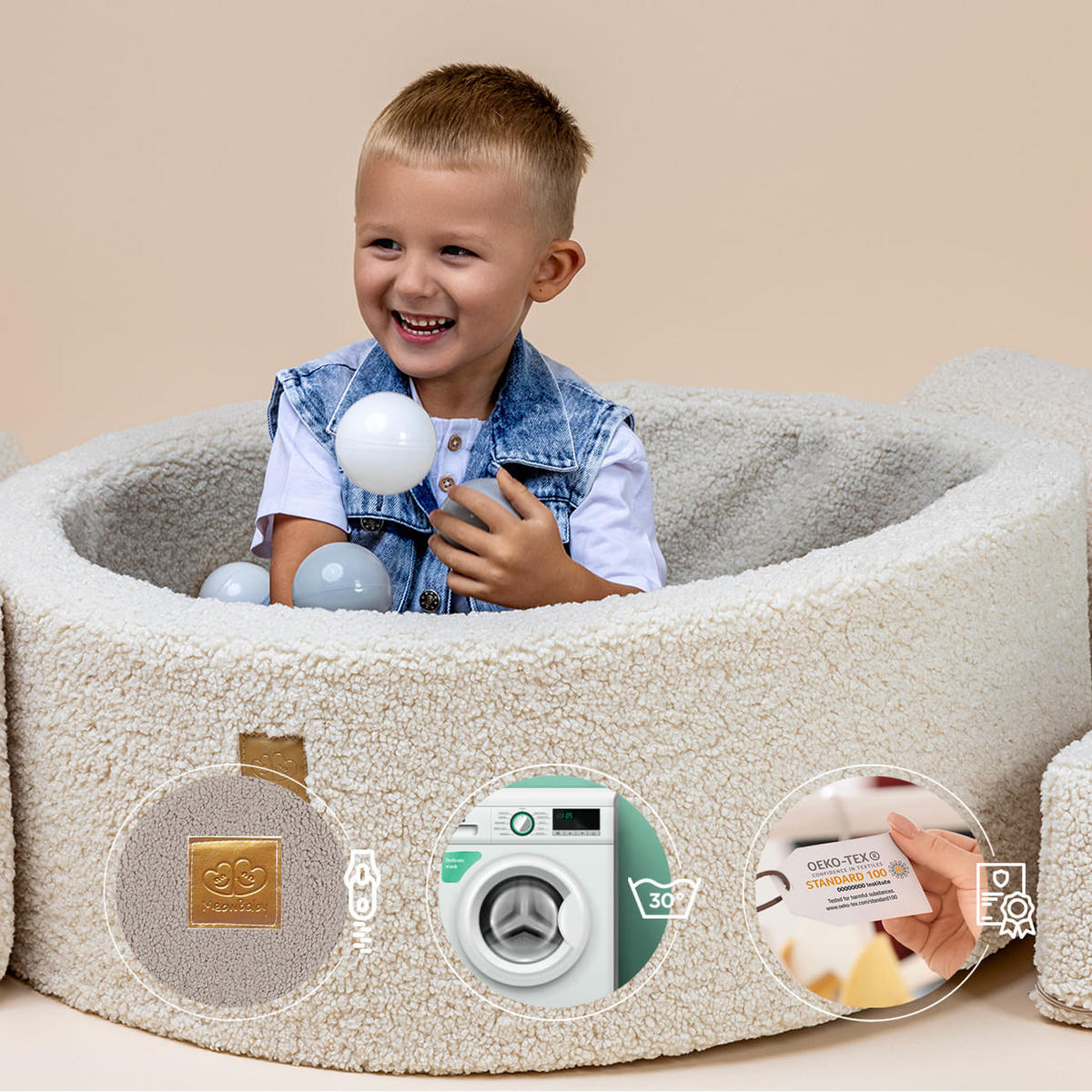 BÄLLEBAD für Kinder, Bearly, Grau - Koralle/Goldfarben, Textil (90/90/30cm) - MeowBaby
