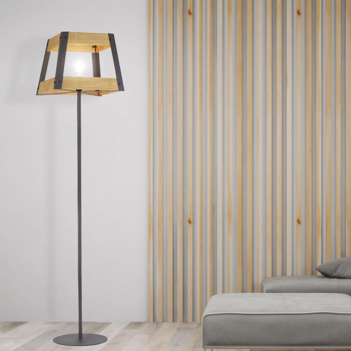 LED STEHLEUCHTE Metall Schwarz Holz natur - Schwarz, Holz (35/35/153cm)