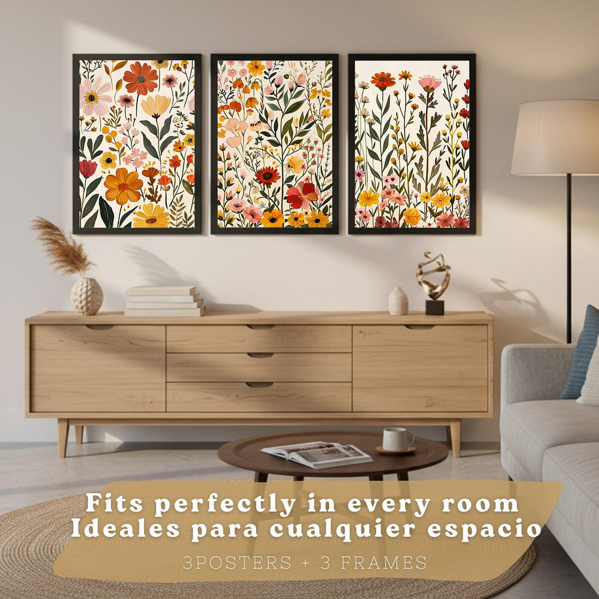 PLAKAT Sada 3 tisků akvarelových květin. Nástěnné umění Barevné botanické minimalistické plakáty s divokými květinami do Obývacího pokoje A3 Černý rám - černá, papír (29.7/42/3cm) - Nacnic