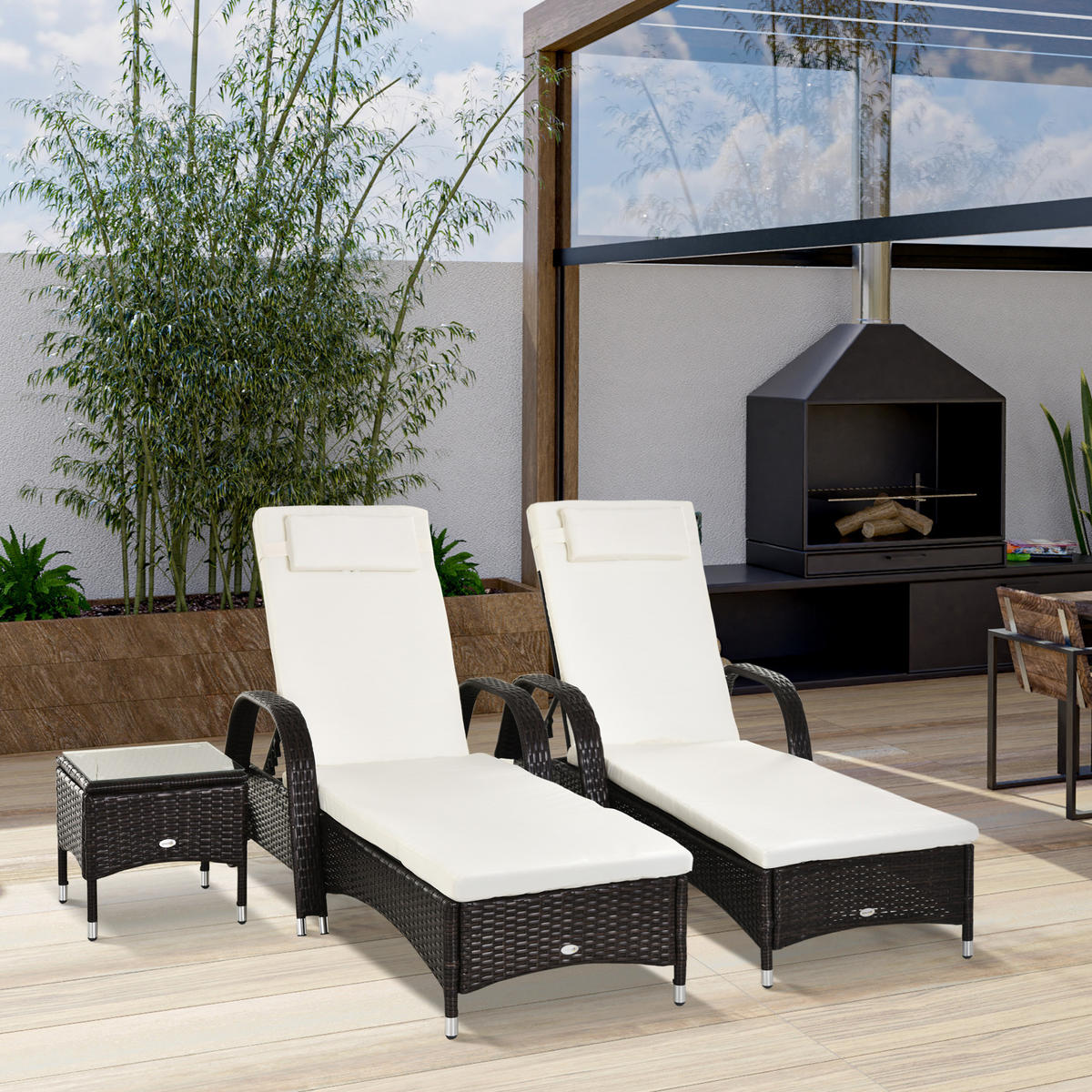 3ER-SONNENLIEGEN-SET DE-06659 2 Liegen + Beistelltisch, Braun/Cremeweiß - Creme/Braun, Kunststoff/Metall - ComfortXL