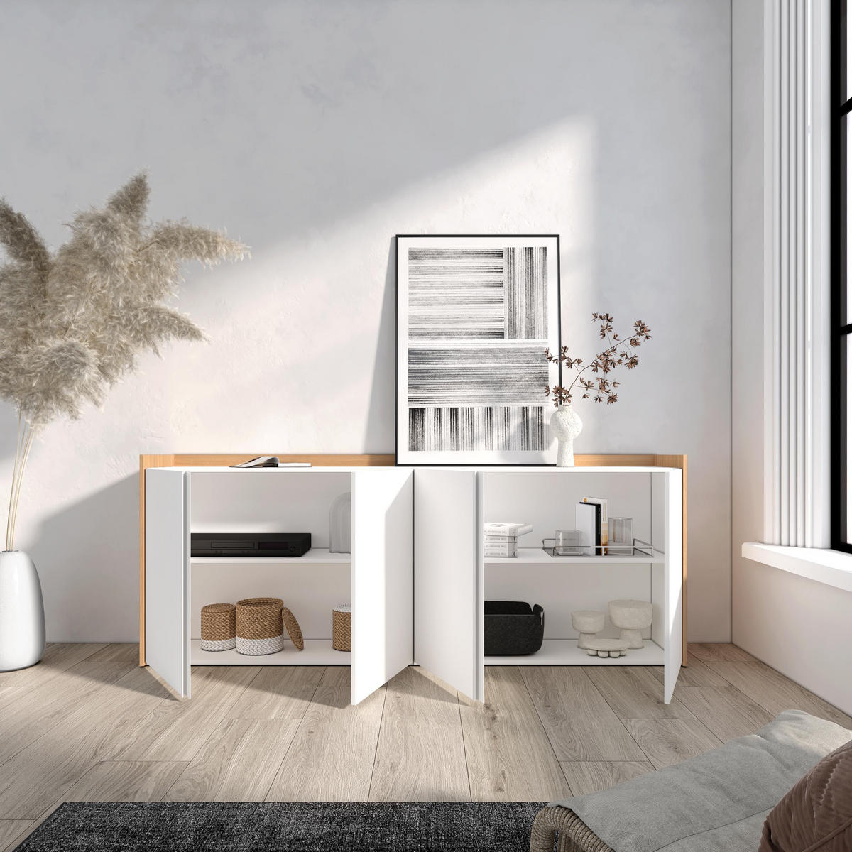 SIDEBOARD, Weiß und Eiche, 207/35/80cm - Weiß, Holzwerkstoff (207/80/35cm) - Skraut Home