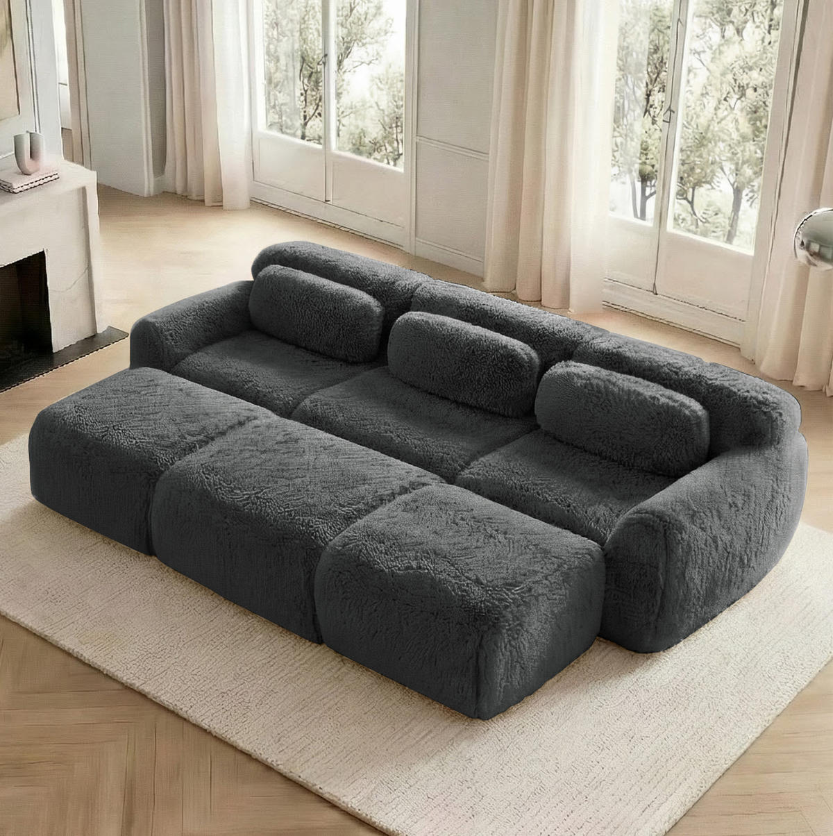 SOFA 291/179/73 cm in Grau mit Ottomans, rahmenlos und besonders weich - Grau, Textil (179/73/291cm) - Flora Grace