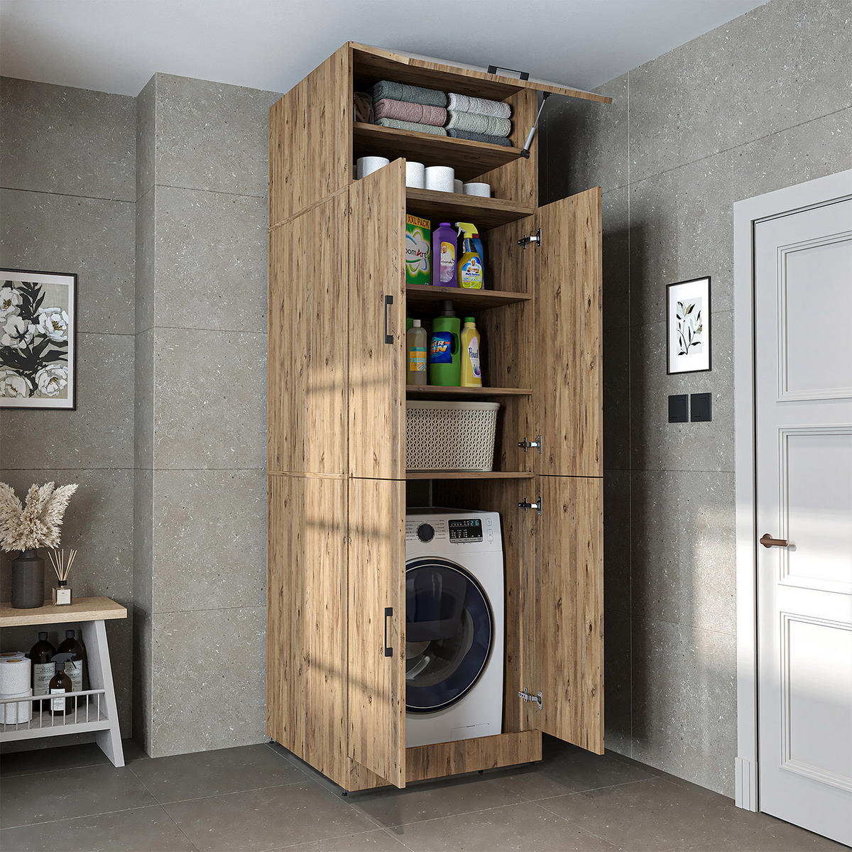 WASCHMASCHINENSCHRANK DORA-II 70cm Breit, 230cm Hoch - Eichefarben, Holzwerkstoff (70/230/74cm)