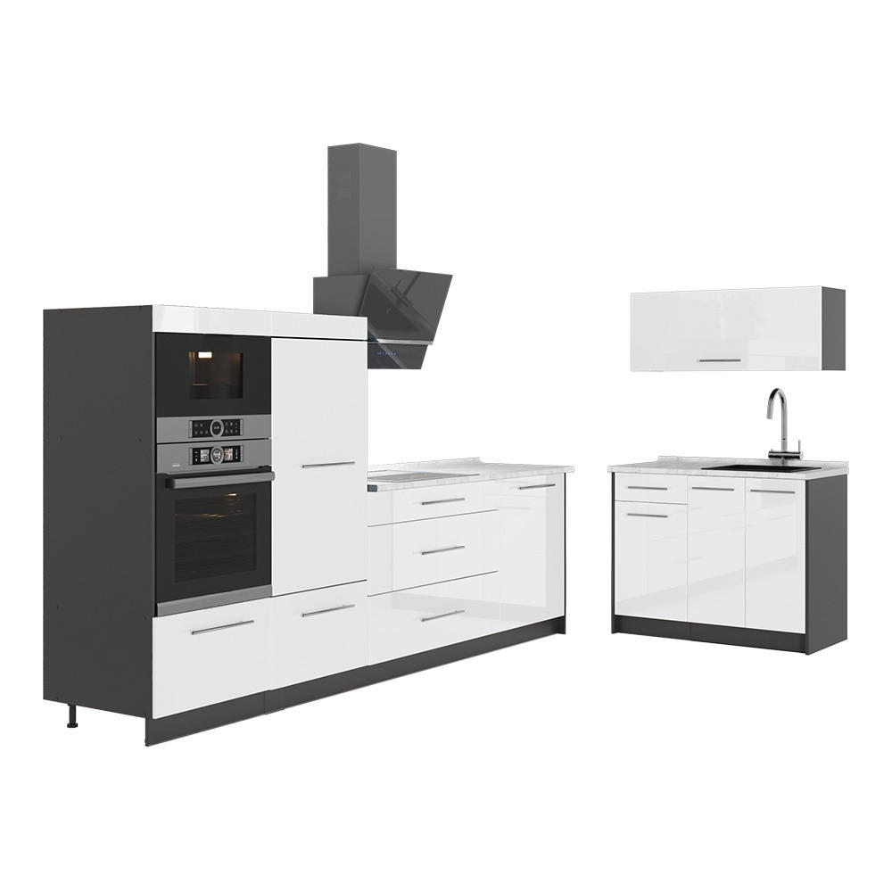 KUCHYŇA Fame-Line, Biely vysoký lesk/antracitová, 380 cm, AP Marble - biela s vysokým leskom/antracitová, kompozitné drevo (380/153.6/60cm) - Vicco