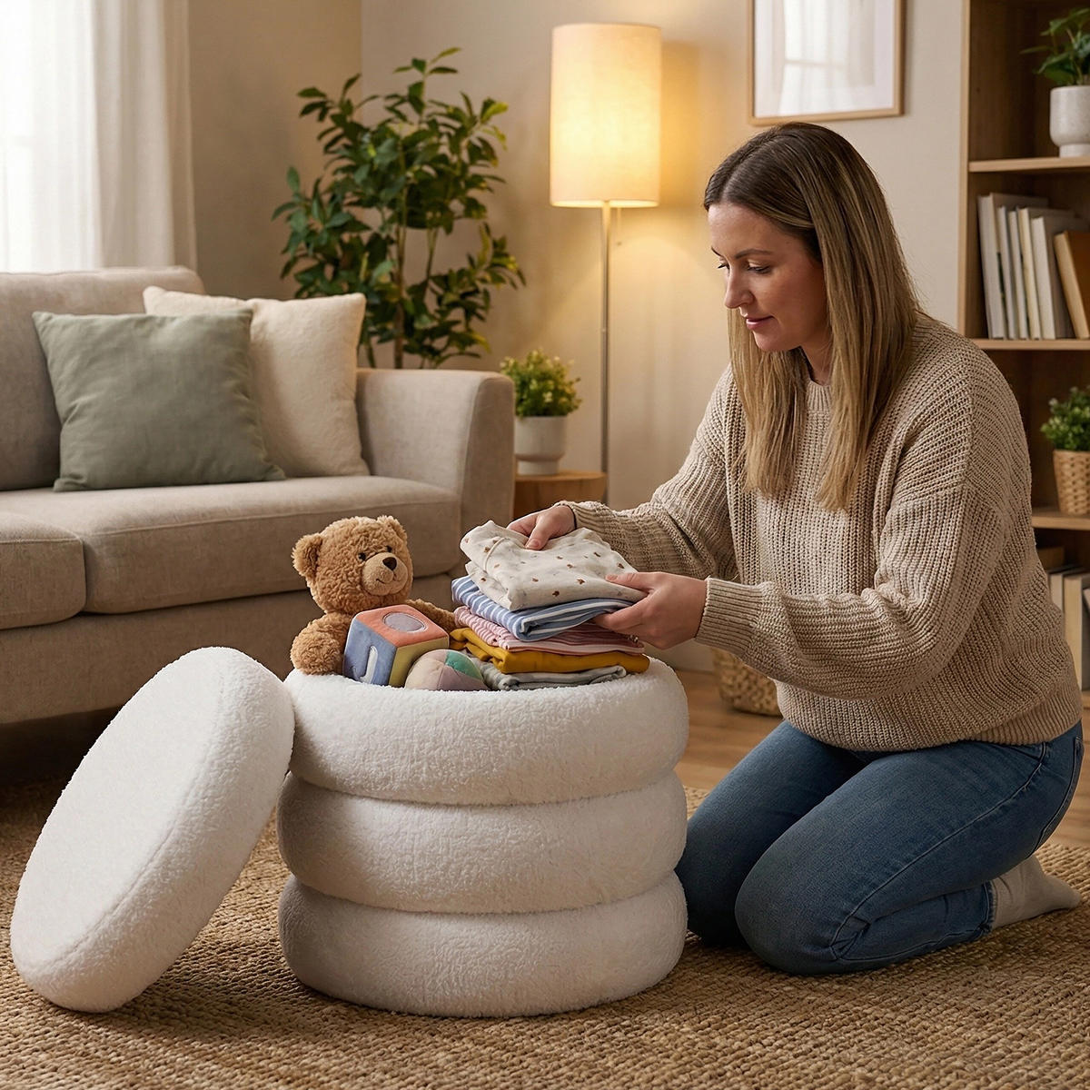 SEDACÍ taburet Bubble - bílá, kompozitní dřevo/textil (42/47/42cm) - Relaxdays