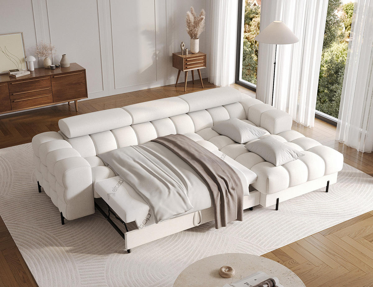 ECKSOFA FELRO mit Schlaffunktion, Bettkasten & verstellbaren Kopfstützen – Modernes Premium-Ecksofa in L-Form - Weiß, Kunststoff (181/285cm) - Wohnideebilder