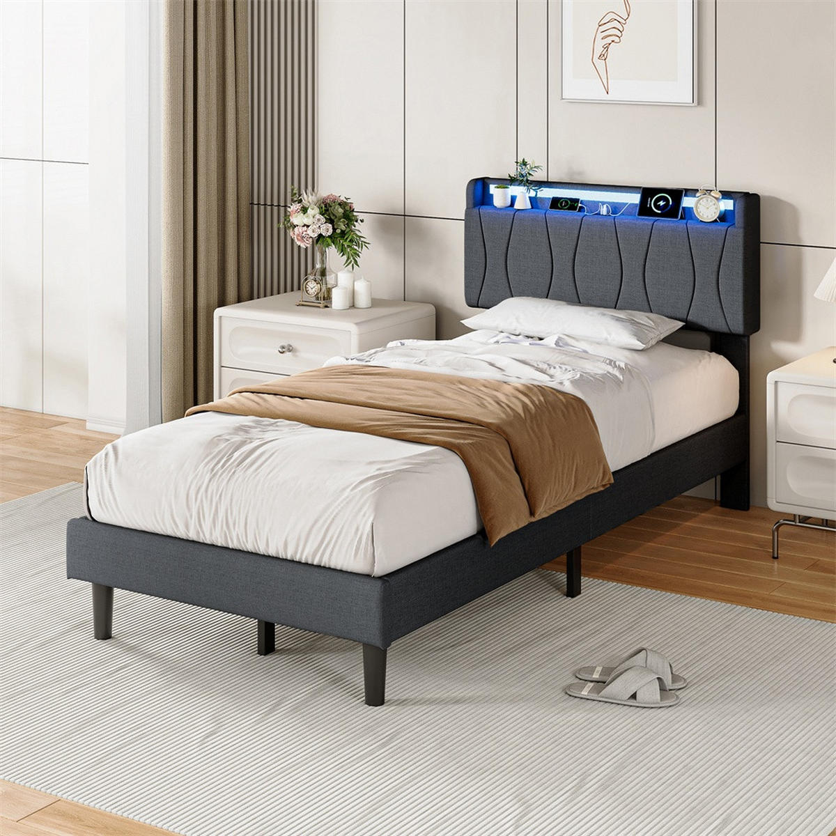 POLSTERBETT 90x200 cm mit LED-Beleuchtung - Kopfteil mit Ladefunktion - Gepolstertes Kopfteil - Grau - Grau, Textil (90/200cm) - DELFA