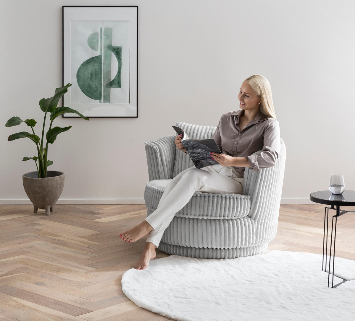 BIG-SESSEL Mega Cord hell grau Ø 95 cm 360° drehbar, inklusive Kissen - Hellgrau, Holz/Kunststoff (95/77/95cm) - Furn.Design