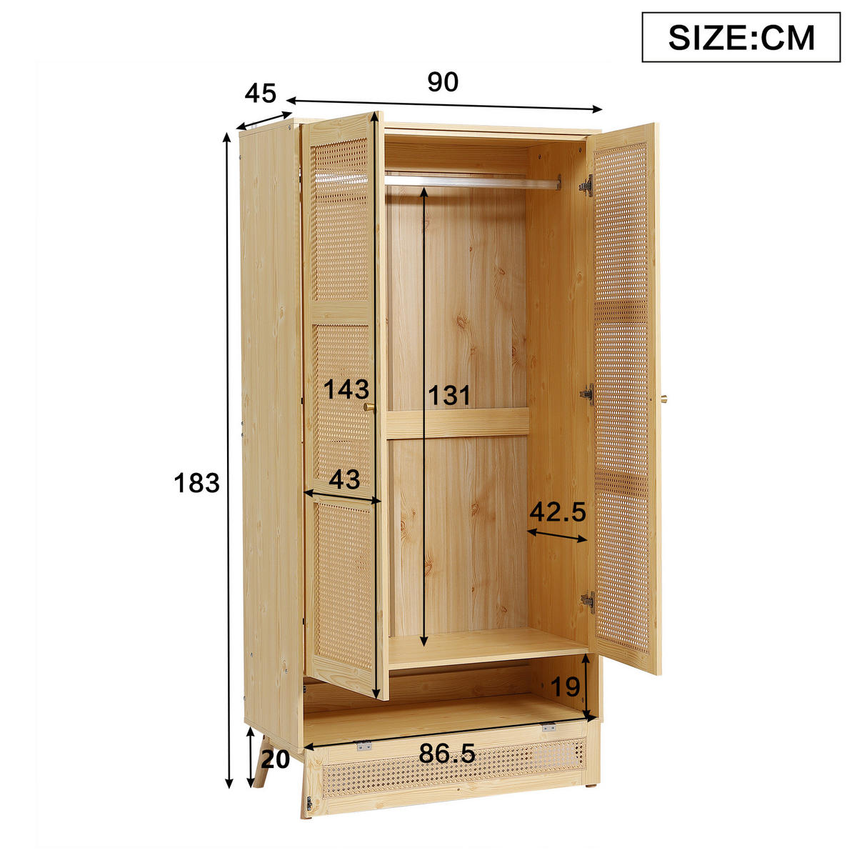 KLEIDERSCHRANK 90/45/183 cm mit 2 Drehtüren und Rattan-Optik in Natur - Naturfarben, Holz (90/183/45cm) - BEAOK