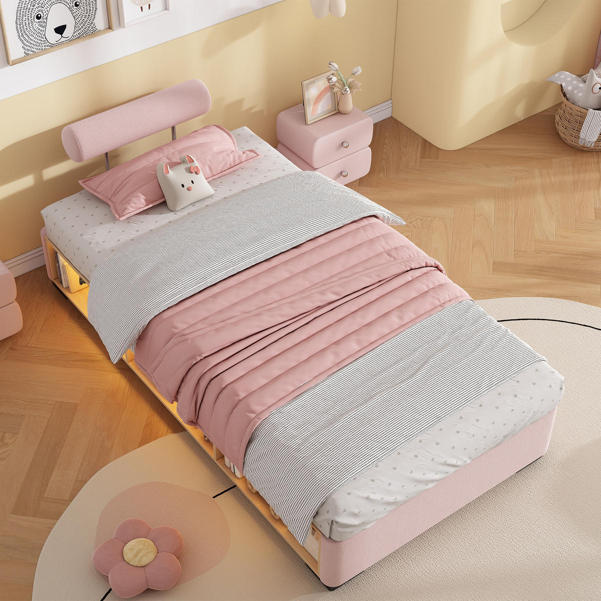POLSTERBETT 90/200 cm in Pink mit offenem Stauraum, LED und flexibel montierbaren Kopfstützen aus Samt - Schwarz/Rosa, Holzwerkstoff/Textil - STILVORA