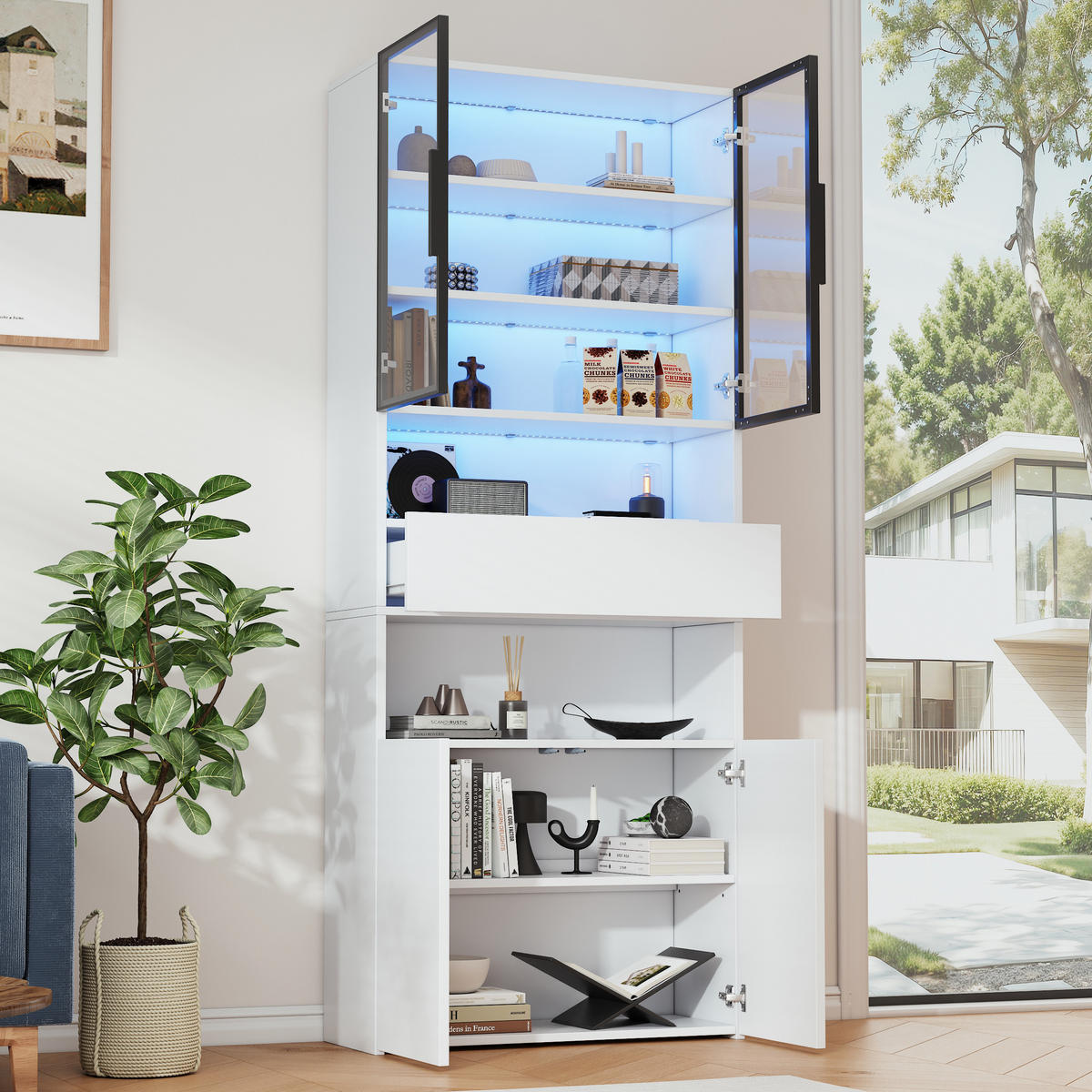 VITRINE LED Glas Hochschrank 2 Türen Schubladen Weiß - Weiß, Holzwerkstoff (70/200/30cm) - FLIEKS