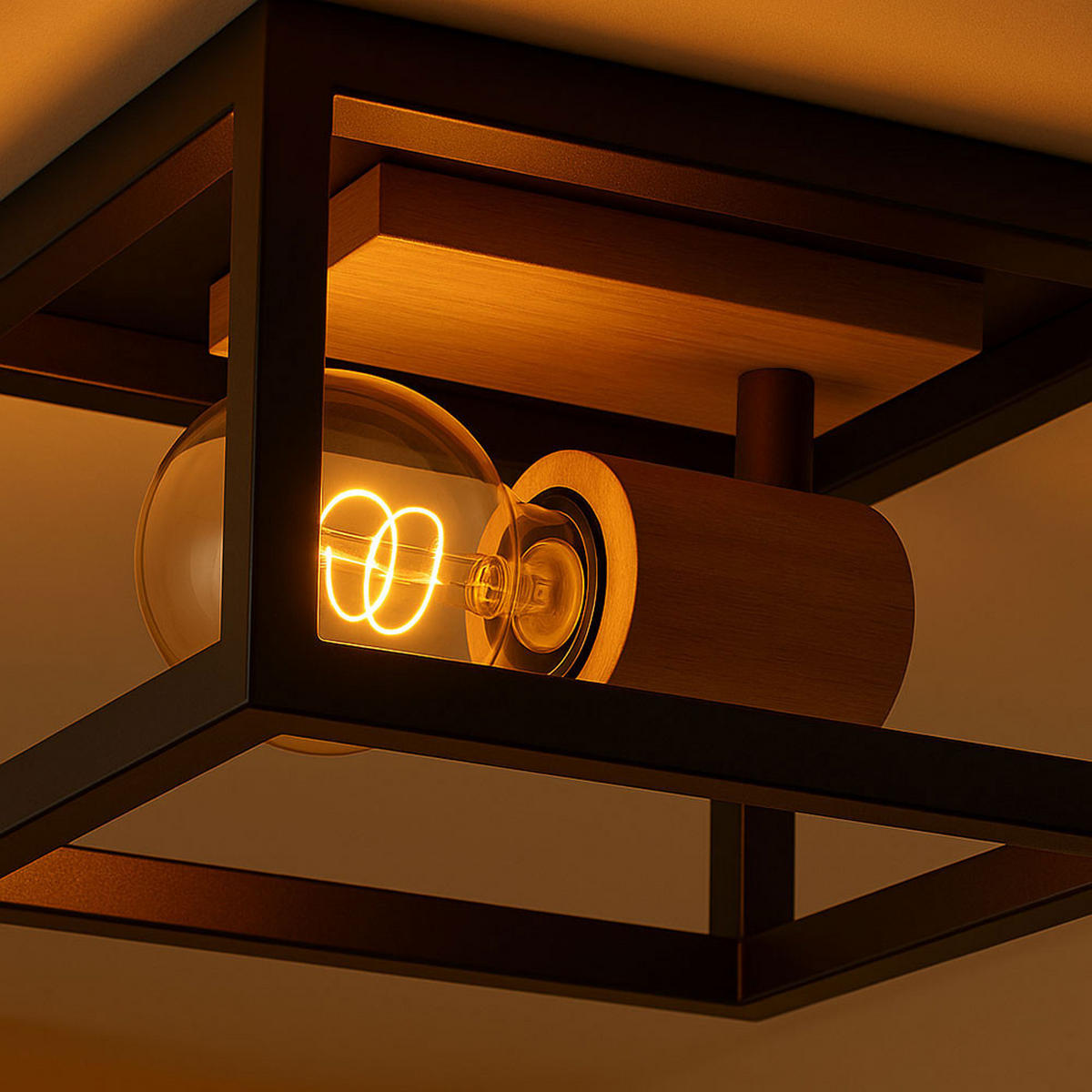 DECKENLEUCHTE Metall Braun Holzdekor - Schwarz, Holz (22/22/14.5cm) - Globo Lighting