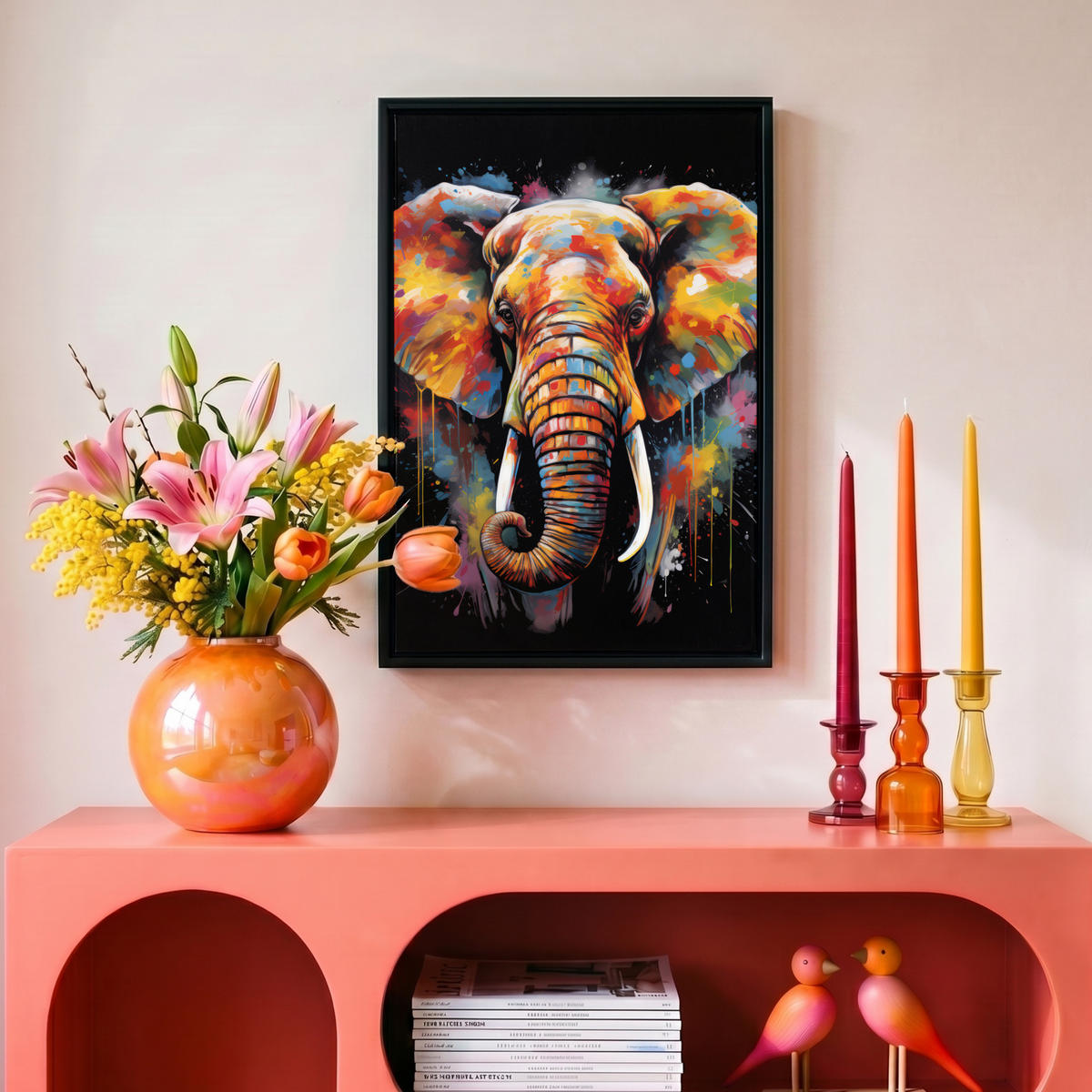 LEINWAND Bilder mit Rahmen - Elefant - Graffiti - Schwarz - Tiere - Farben - 20x30 - Schwarz, Textil (20/30cm) - MuchoWow