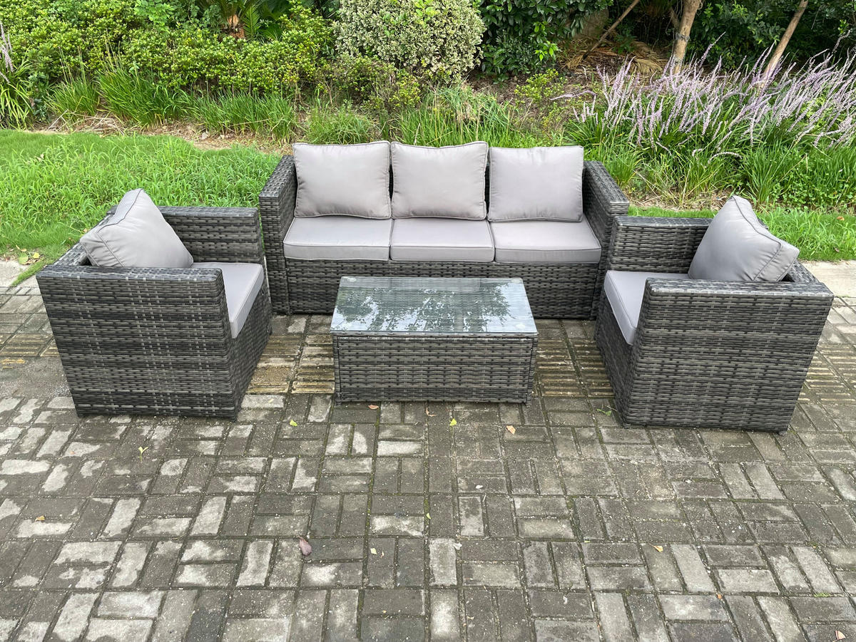 GARTENSET mit Couchtisch Polyrattan 5-Sitzer - Dunkelgrau, Metall - Fimous