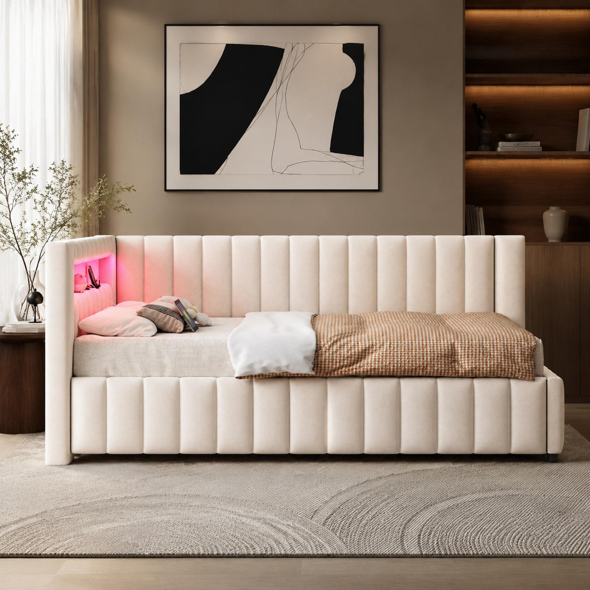 POLSTERBETT 140/200 mit LED, USB, Rückenlehne und Lattenrost in Beige - Beige, Holzwerkstoff/Textil (140/200cm) - EVRYAE