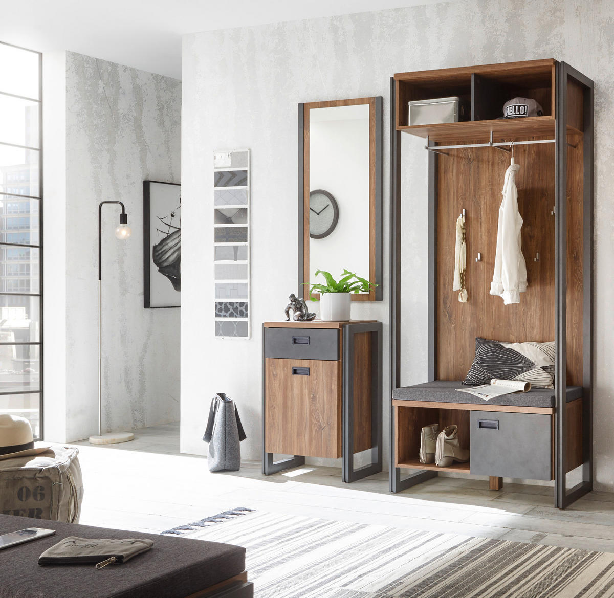 GARDEROBEN-SET 3-teilig, Eiche Stirling, grau, Garderobenkombination 155 x 202 cm - Eichefarben/Grau, Holzwerkstoff/Metall (155/202/45cm)