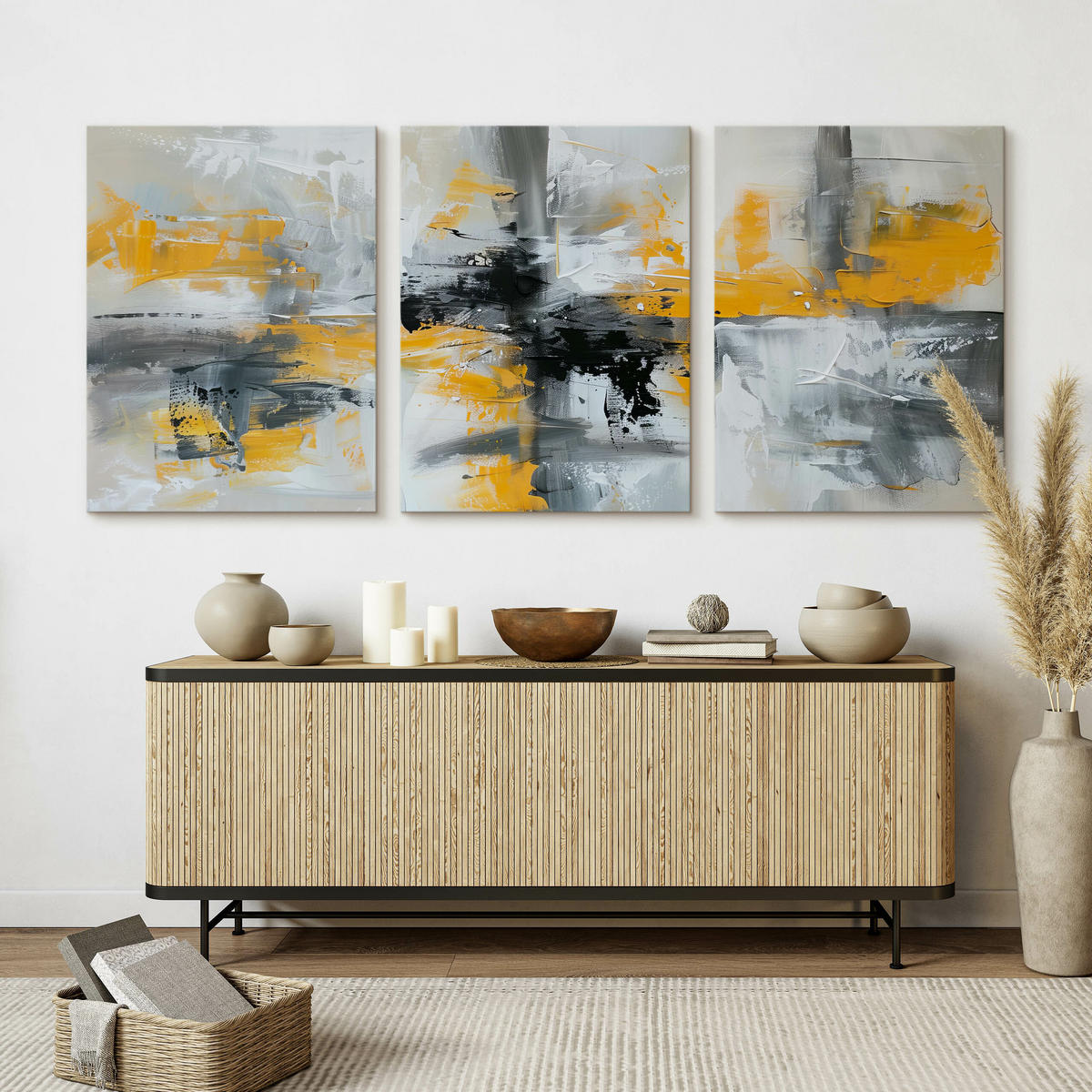 LEINWANDBILDER 3-es Set Abstrakte Kunst - Beige/Gelb, Textil (90/40cm) - Muralo