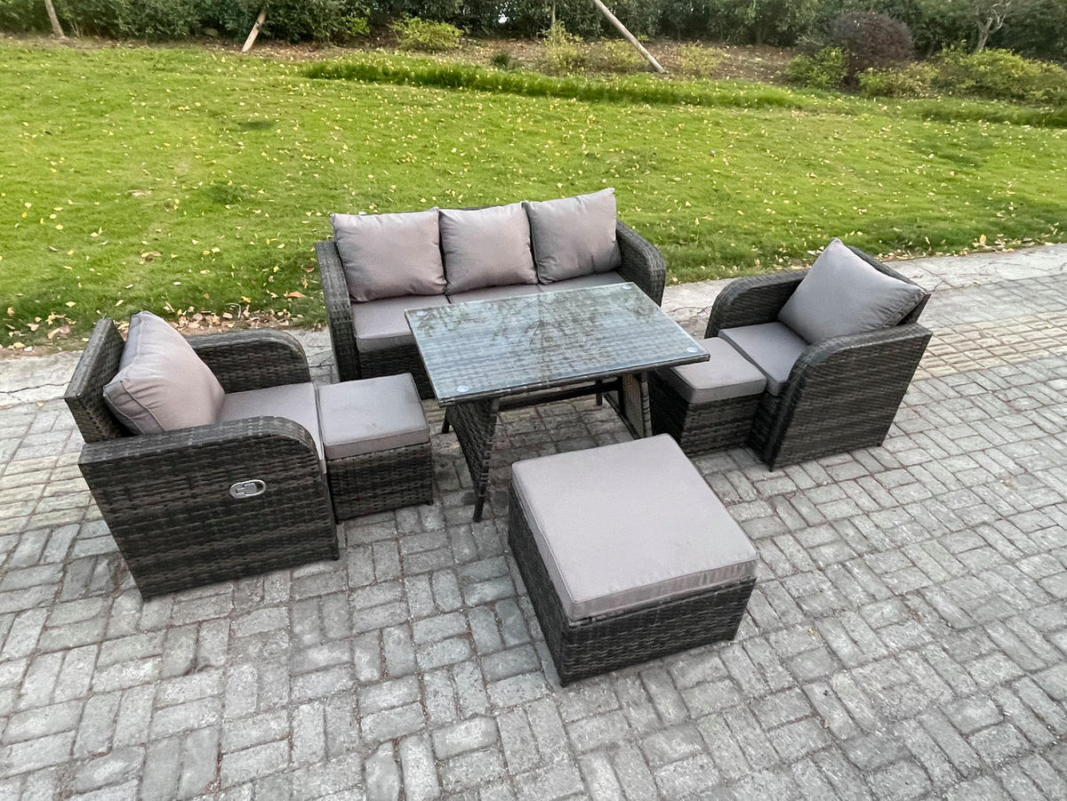 GARTENMÖBEL SET mit COUCHTISCH Polyrattan Dunkelgrau 8-Sitzer - Dunkelgrau/Grau, Glas/Kunststoff - Fimous