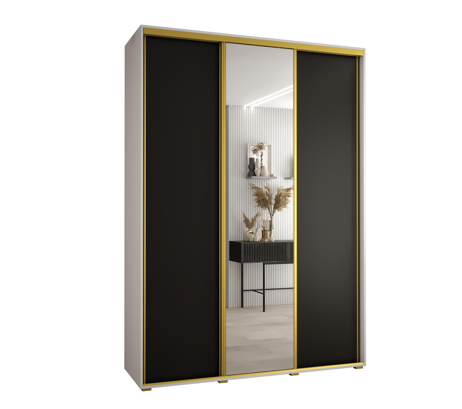 Abiks Möbel Schwebetürenschrank Weiß, Schwarz, Gold 180x235x60 cm