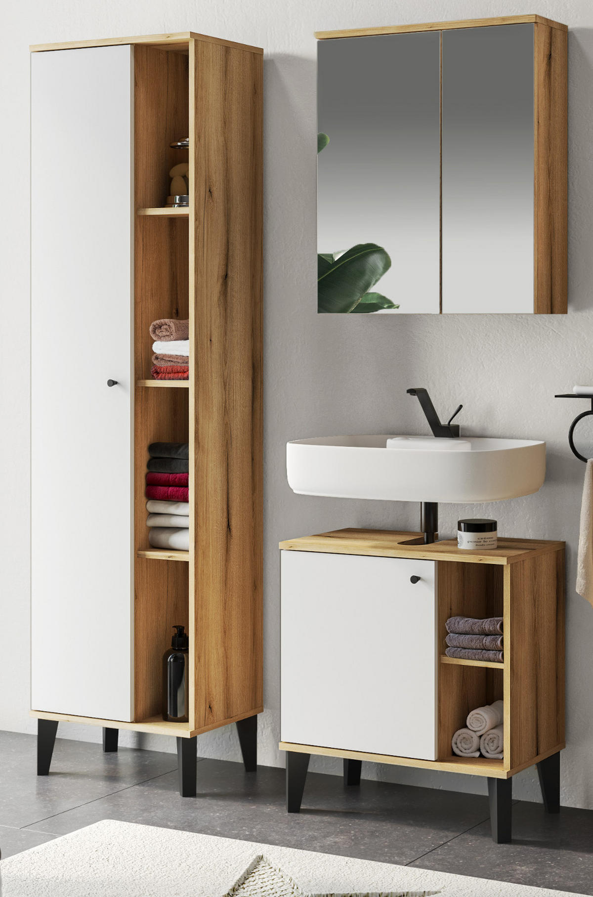 BADMÖBEL-SET 3-teilig weiß, Evoke Eiche, Badkombination, 121 x 190 cm - Eichefarben/Schwarz, Glas/Holzwerkstoff (121/190/33cm) - Furn.Design