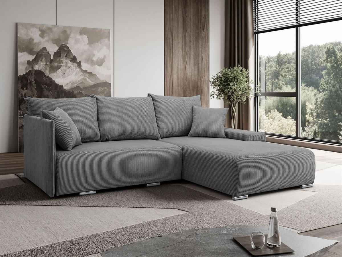 ECKSOFA LAVIO L mit Schlaffunktion und Bettzeugkasten Rechte - Grau, Textil (246/188cm) - Lookway