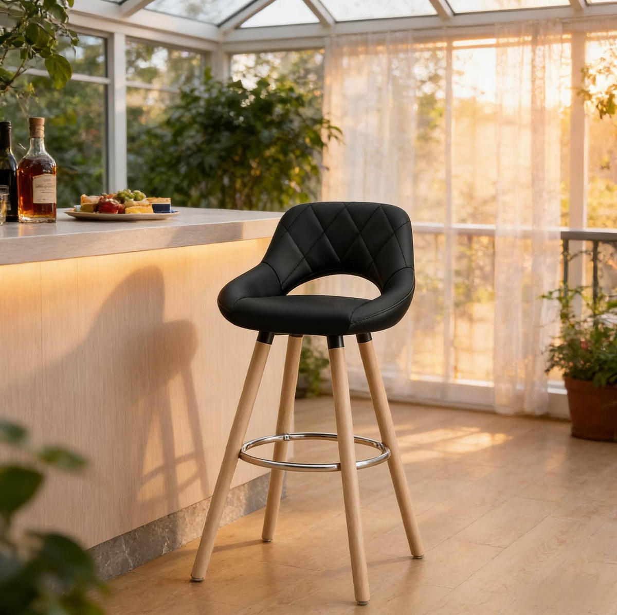 BARHOCKER 68 cm Schwarz mit Rückenlehne aus Kunstleder - Schwarz, Holz (40/70/43cm) - MIVRAY