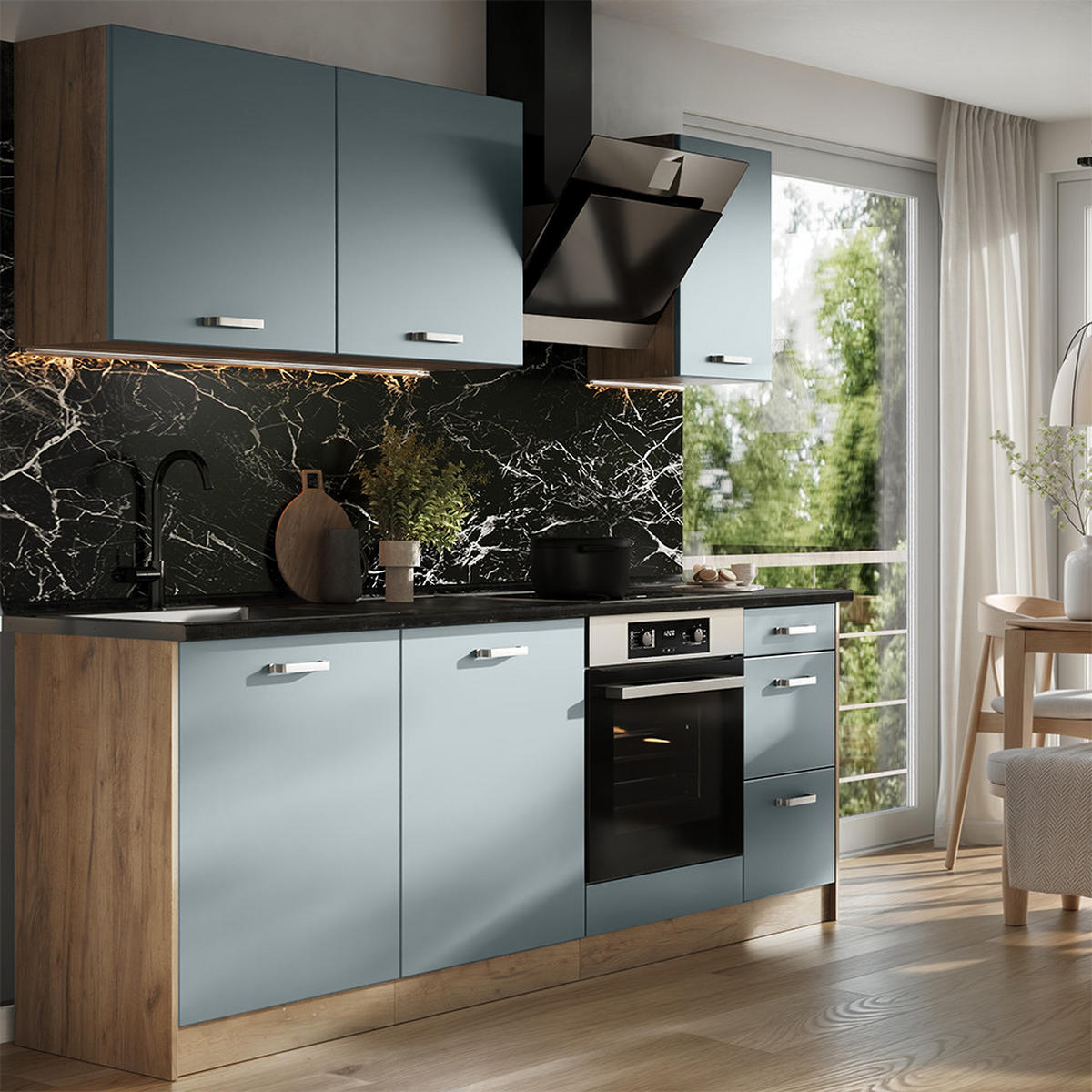 KÜCHENZEILE R-Line, Blau-Grau/Goldkraft Eiche, 220 cm Arbeitsplatte Marmor - Honigeiche/Blaugrau, Holzwerkstoff (220/81.6/60cm) - Vicco