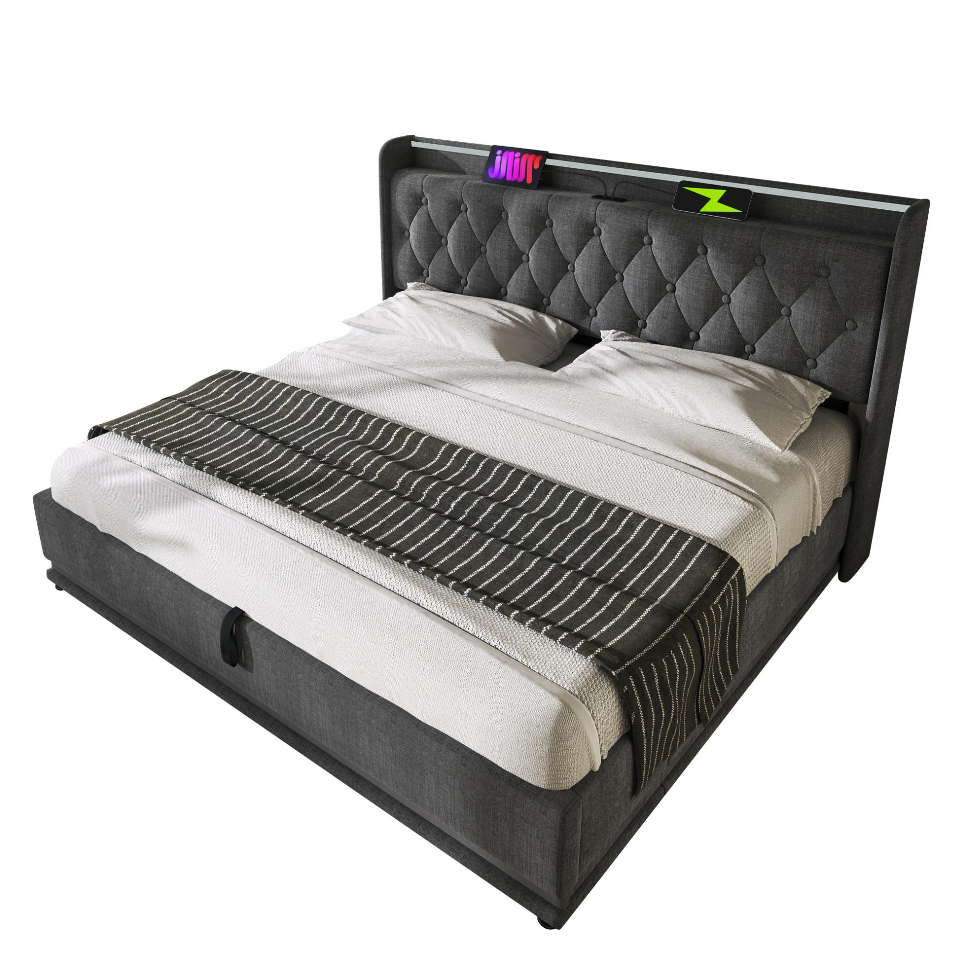 Redom ČALOUNĚNÁ postel 140/200 cm s LED osvětlením, USB a hydraulickým úložným prostorem, Šedá