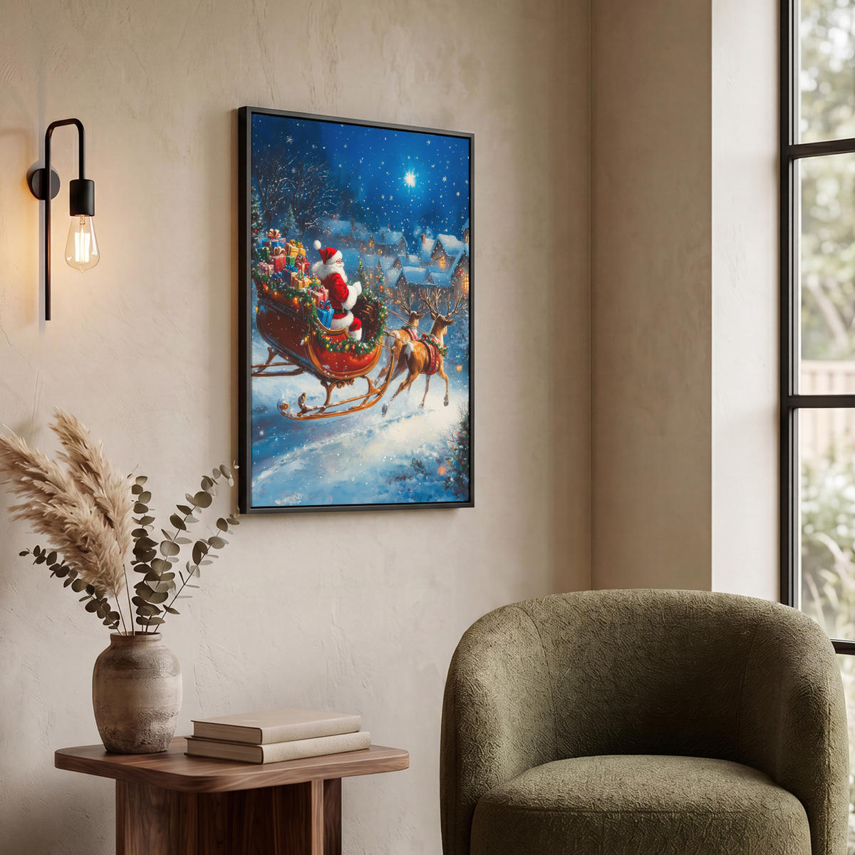 LEINWAND Bilder mit Rahmen - Weihnachtsmann - Rentier - Weihnachten - Schnee - 60x80 - Cognac, Textil (60/80cm) - MuchoWow