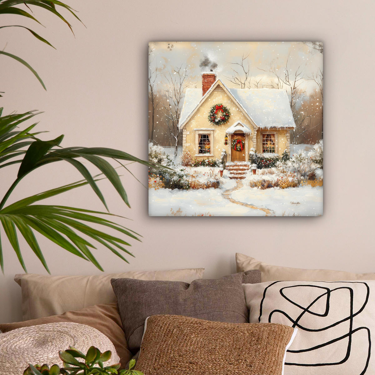 LEINWANDBILD Weihnachten - Zuhause - Winter - Schnee Wandbild Wohnzimmer 50x50 cm - Creme, Textil (50/50cm) - MuchoWow