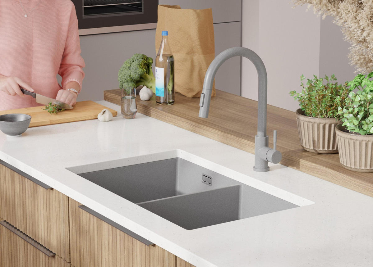 UNTERBAUSPÜLE GRANIT London Twin, 2-er set Grau 76/47 cm 2 Becken + Ablauf-Set ab 80er Unterschrank - Grau, Kunststoff (76/20/47cm) - Primagran