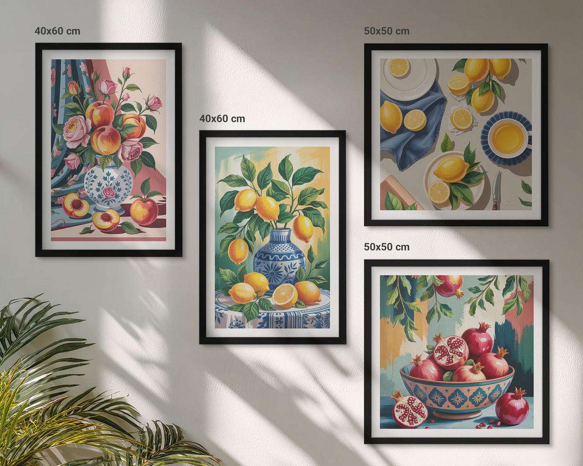 BILDER SET 4er Set - 50x50 cm & 40x60 cm Schwarzer Rahmen - Blumen und Früchte in Vasen - Schwarz, Kunststoff (50/50cm) - TULUP