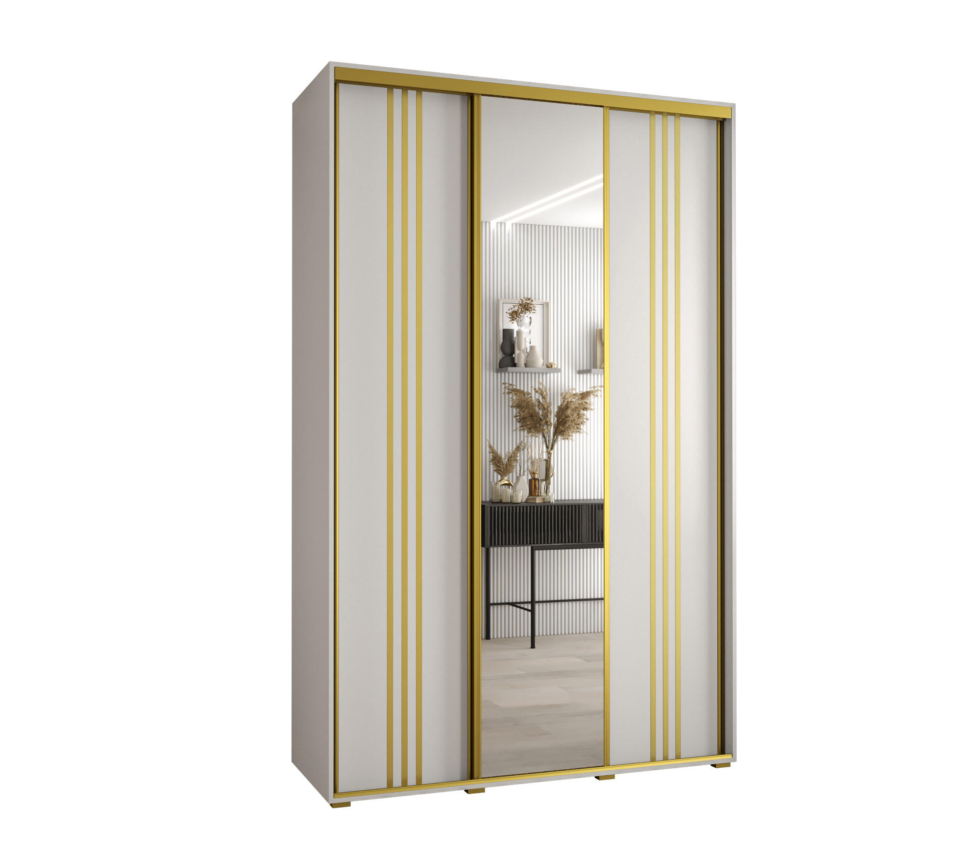 Abiks Möbel SCHWEBETÜRENSCHRANK Weiß, Weiß, Gold 160cm × 60cm × 235cm